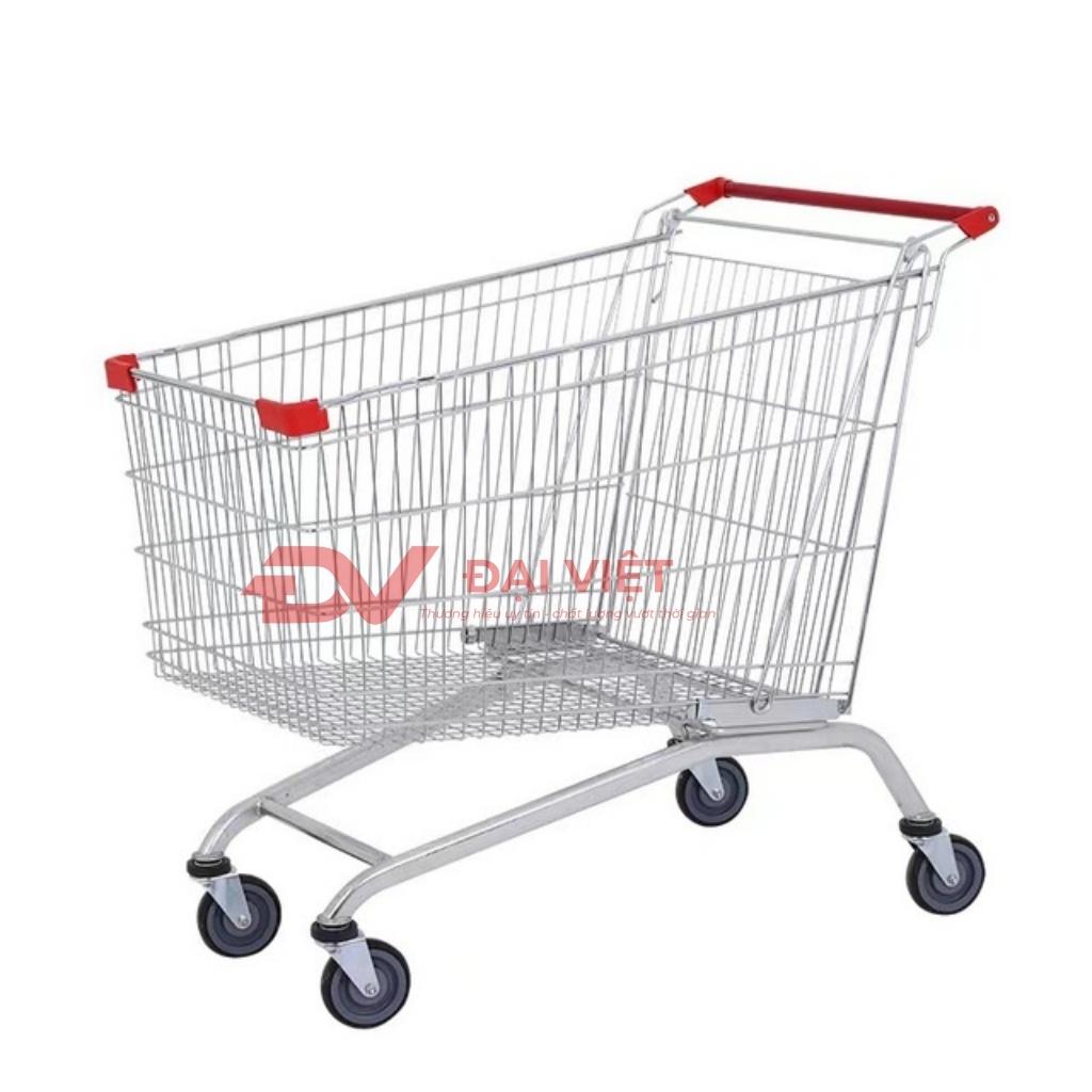 Bảng thông số kỹ thuật chi tiết xe đẩy hàng siêu thị 150L với các số liệu kích thước và vật liệu