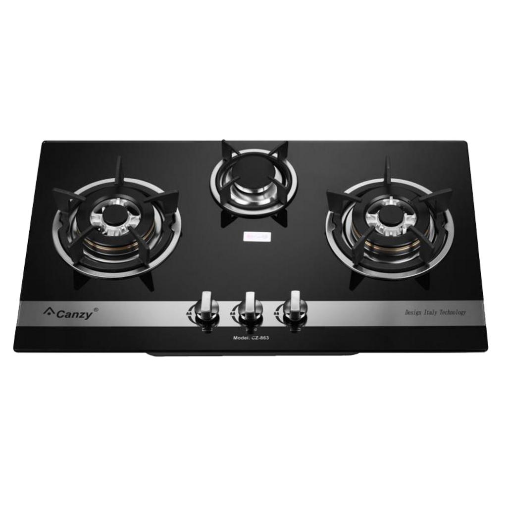 Bếp gas âm 3 lò Canzy CZ 863 trên mặt bếp kính chịu nhiệt sáng bóng thiết kế hiện đại