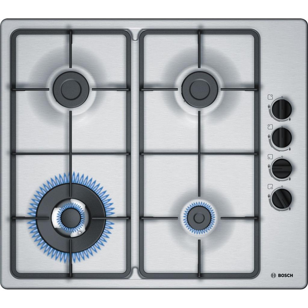 Bếp Gas Bosch PBH6B5B60 với mặt inox sáng bóng 4 vùng nấu cùng hệ thống điều khiển núm vặn không gian bếp hiện đại