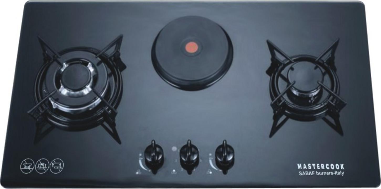 Bếp gas Giovani MC-168GE với mặt kính men đen bóng và ba vùng nấu kích thước khác nhau đặt trên bàn bếp đá