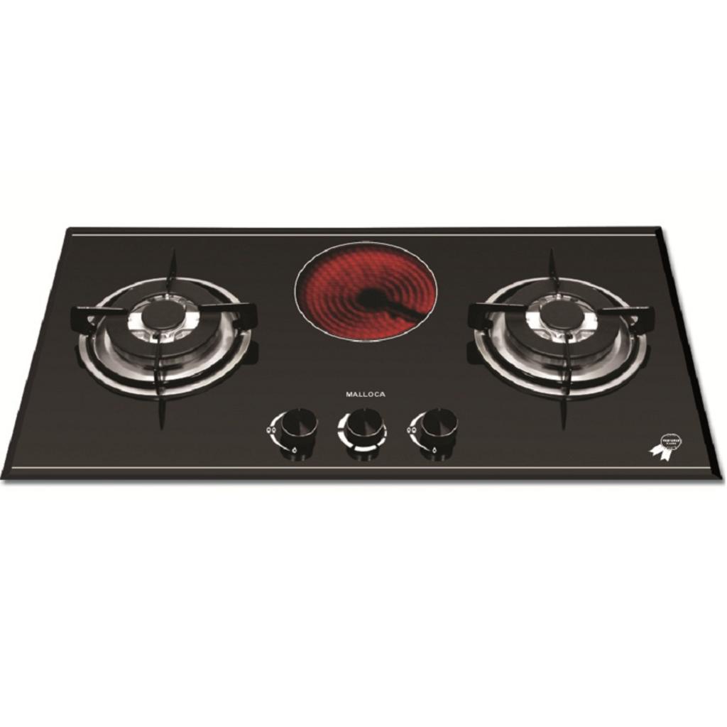 Bếp gas điện Malloca EG 201C hiện đại với mặt kính đen bóng 2 bếp gas và 1 bếp điện âm tủ trong không gian bếp gia đình Việt Nam