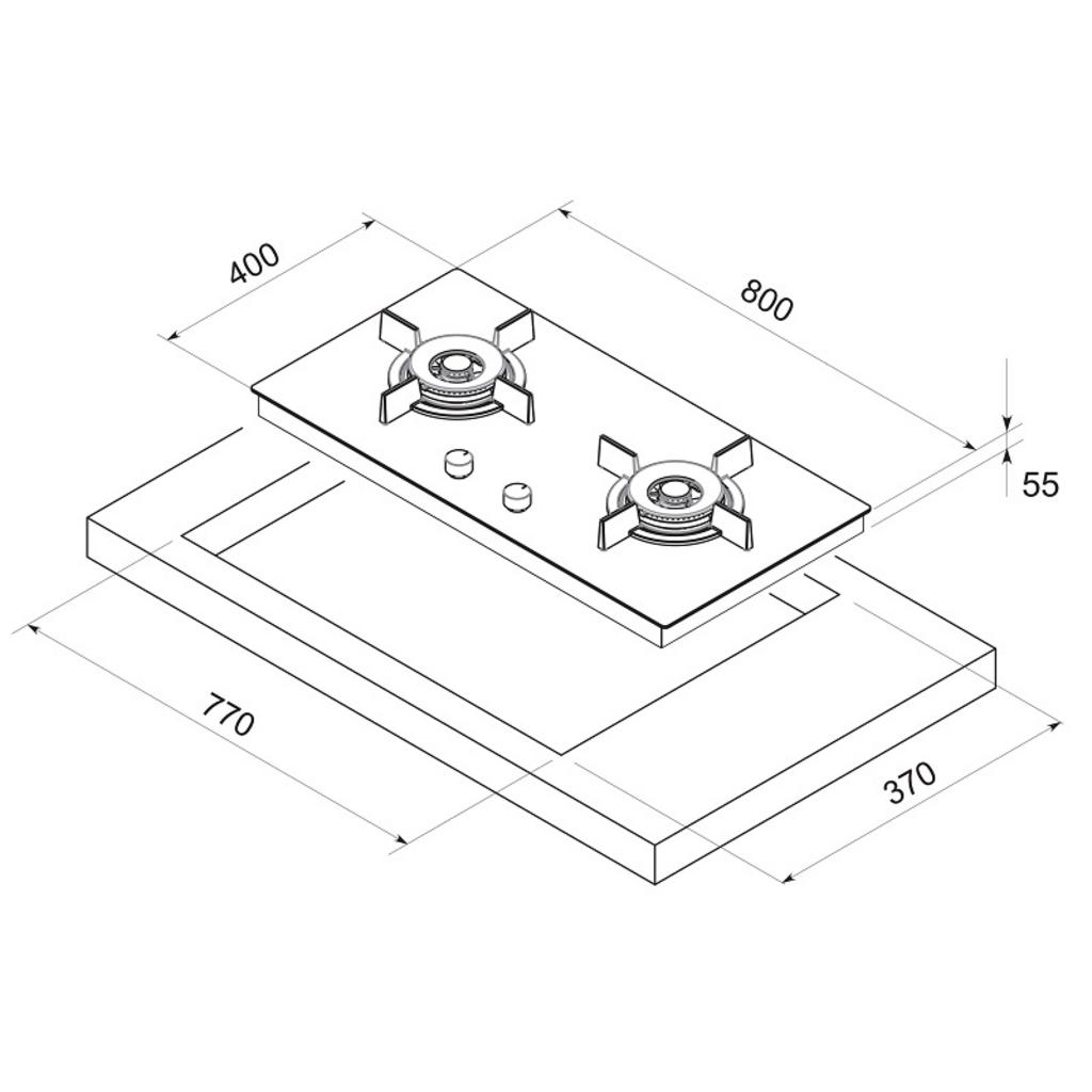 Bếp gas Dudoff Gaia 02M1 đặt trên bề mặt bếp sáng trong mặt kính đen bóng có hai núm xoay điều khiển