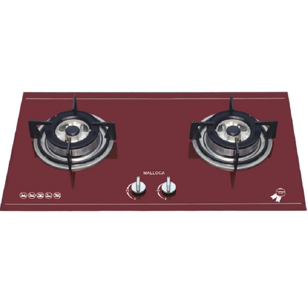 Bếp gas Malloca AS 920R thiết kế hiện đại với mặt kính đỏ đô sáng bóng đặt trong bếp âm sáng trọng