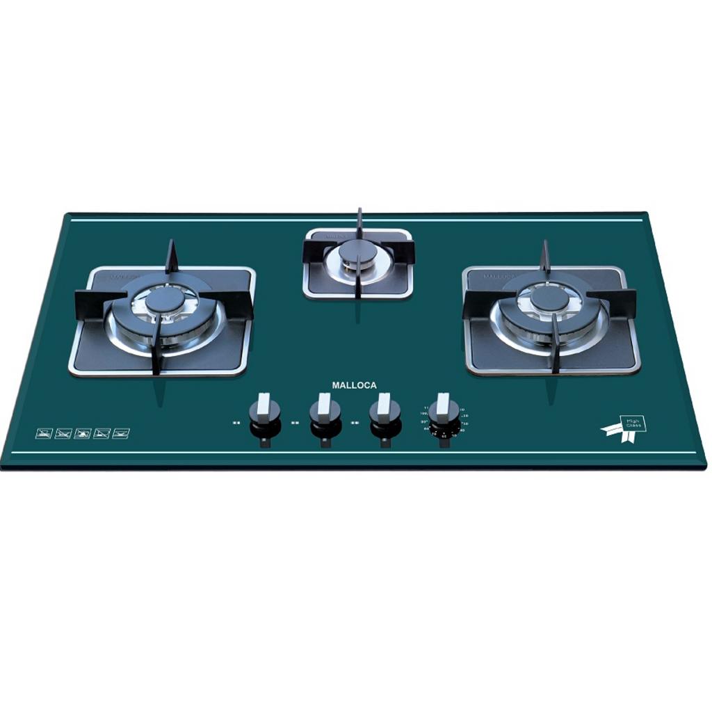Bếp gas Malloca AS 9403G với mặt kính xanh rêu ba bếp gas kiềng gang đúc chắc chắn
