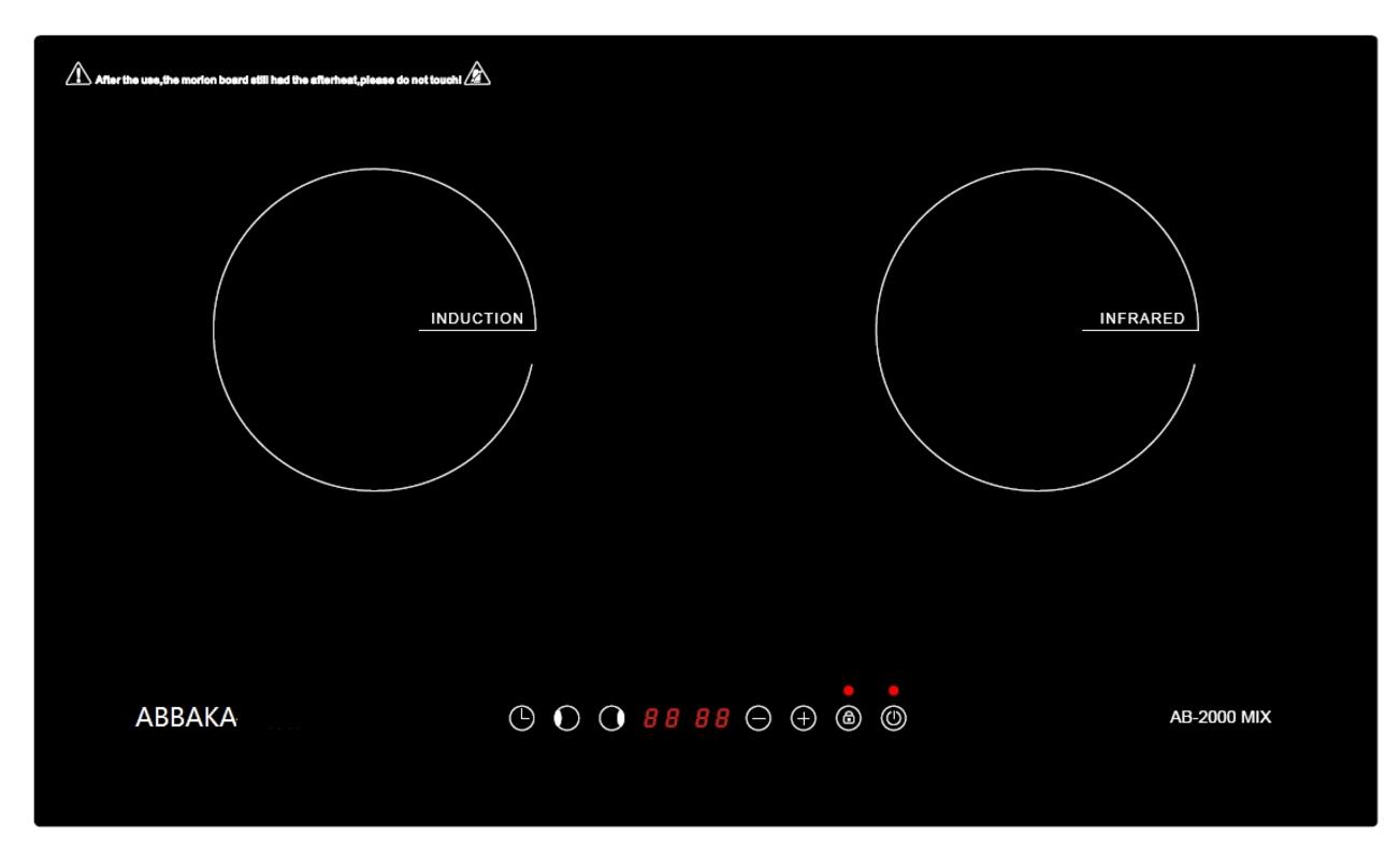 Bếp từ Abbaka AB-2000 MIX với mặt kính đen sáng bóng hiển thị bảng điều khiển cảm ứng đặt trên nền bếp hiện đại