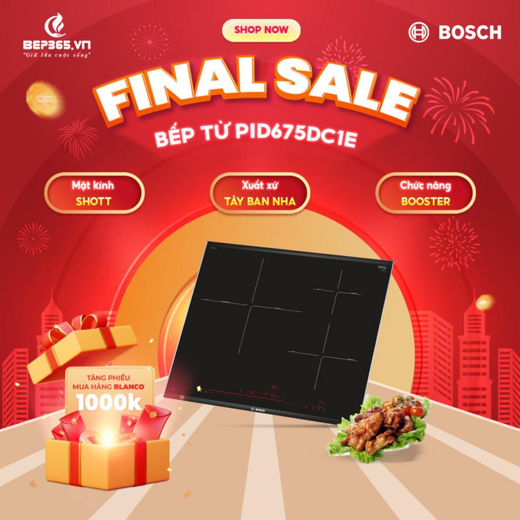 Bếp từ Bosch PID675DC1E với thiết kế mặt kính Schott Ceran, vùng nấu 3 kích cỡ đa dạng, lắp âm bàn bếp hiện đại