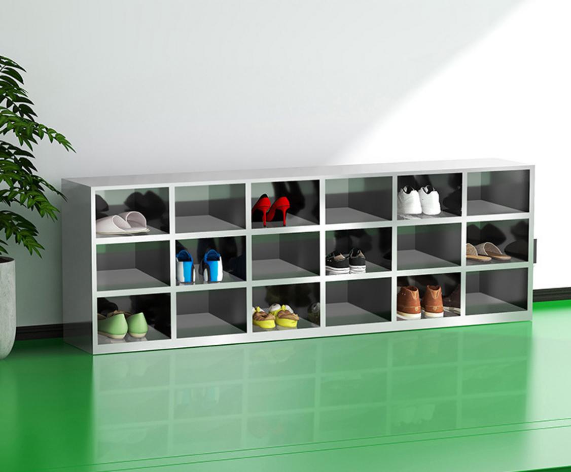 Chi tiết kỹ thuật của tủ giày inox 18 hộc như khóa cửa, mái dốc và mối hàn inox TIG