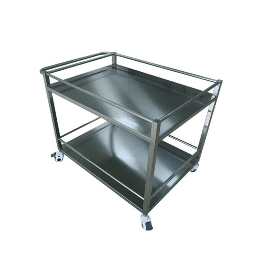 Các phần chi tiết của xe đẩy thức ăn inox 2 tầng 960x710x800mm thể hiện các ưu điểm chất liệu inox 304 bánh xe tay cầm và mối hàn TIG