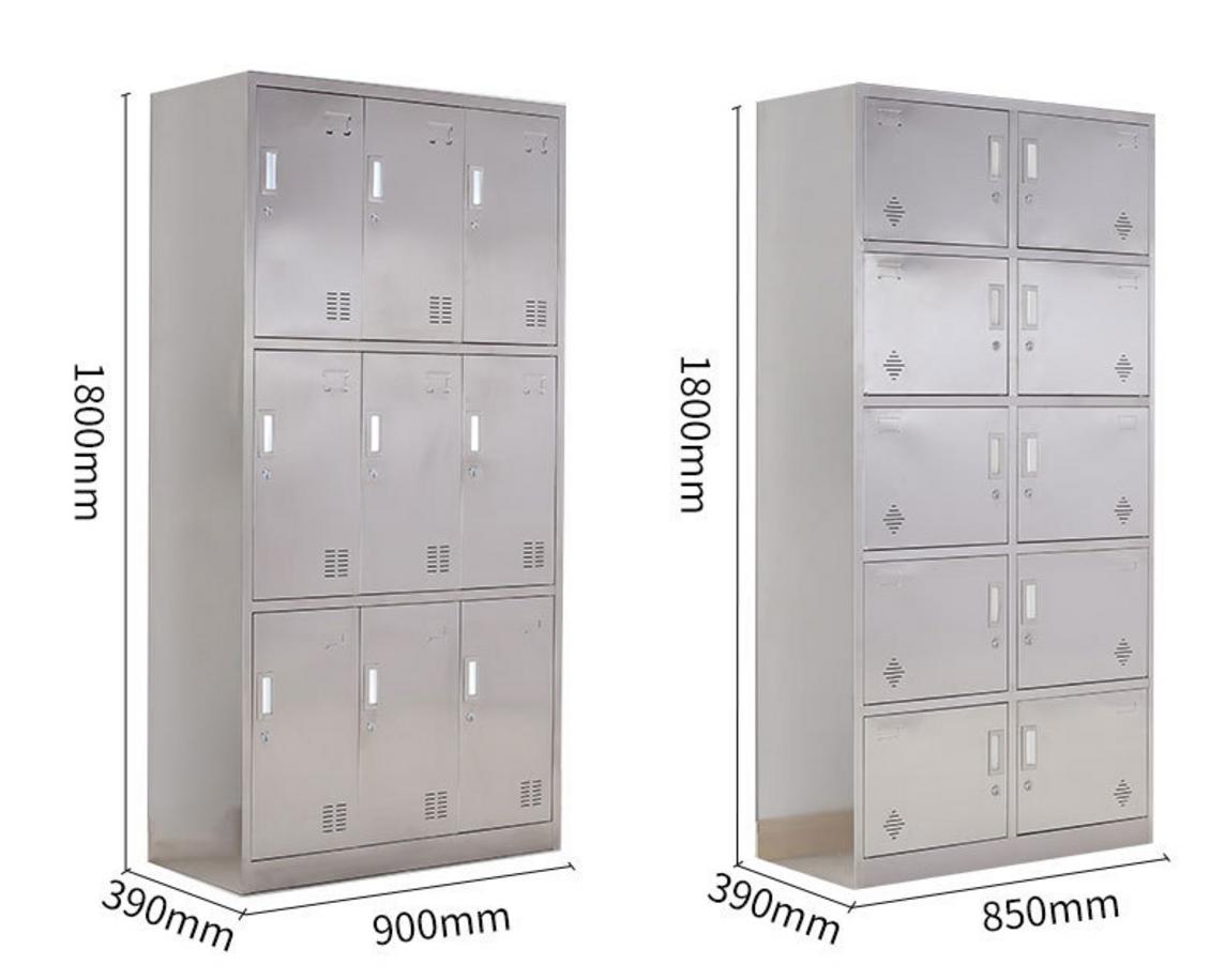 Cận cảnh góc bo tròn và chân tủ inox cao su chống trượt của tủ quần áo