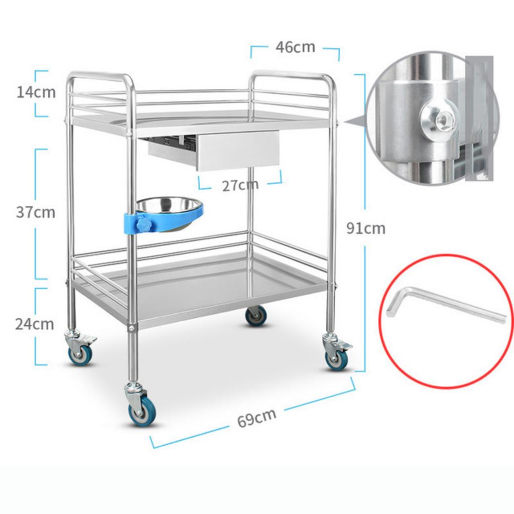 Thông số kỹ thuật của xe đẩy inox y tế 2 tầng 690x460x910mm kèm ngăn kéo