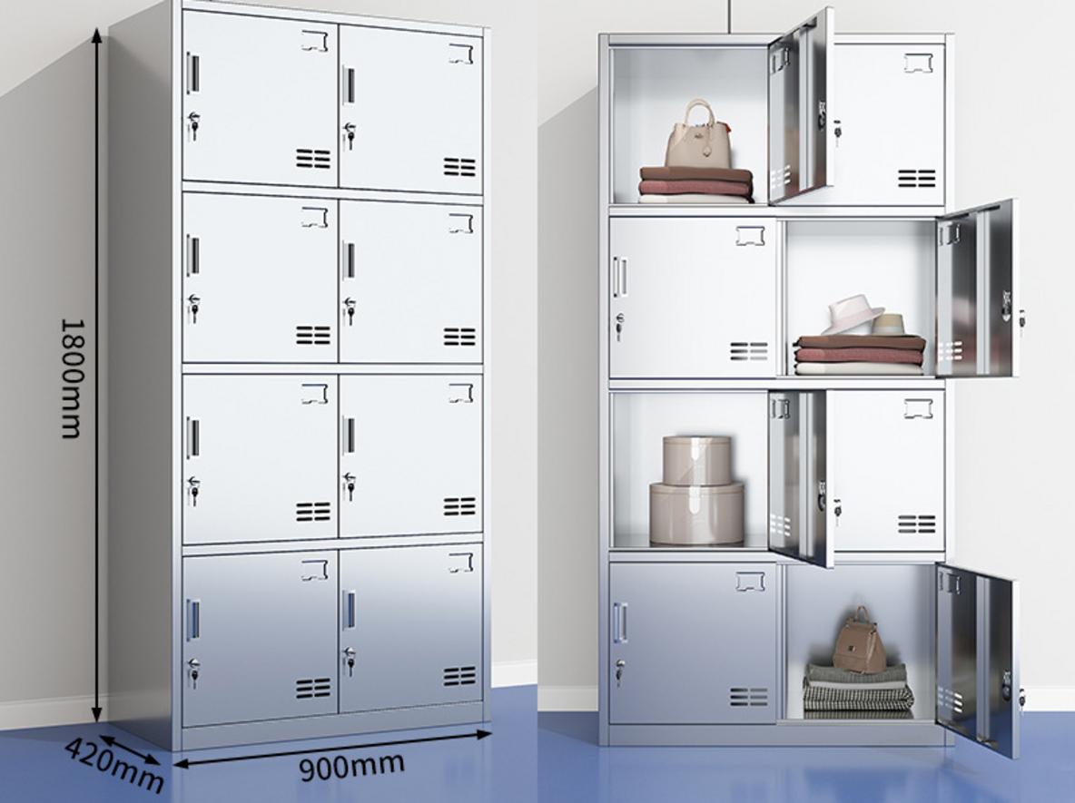 Chi tiết kỹ thuật tủ quần áo inox 8 cửa nhấn mạnh inox 304 và khóa riêng biệt