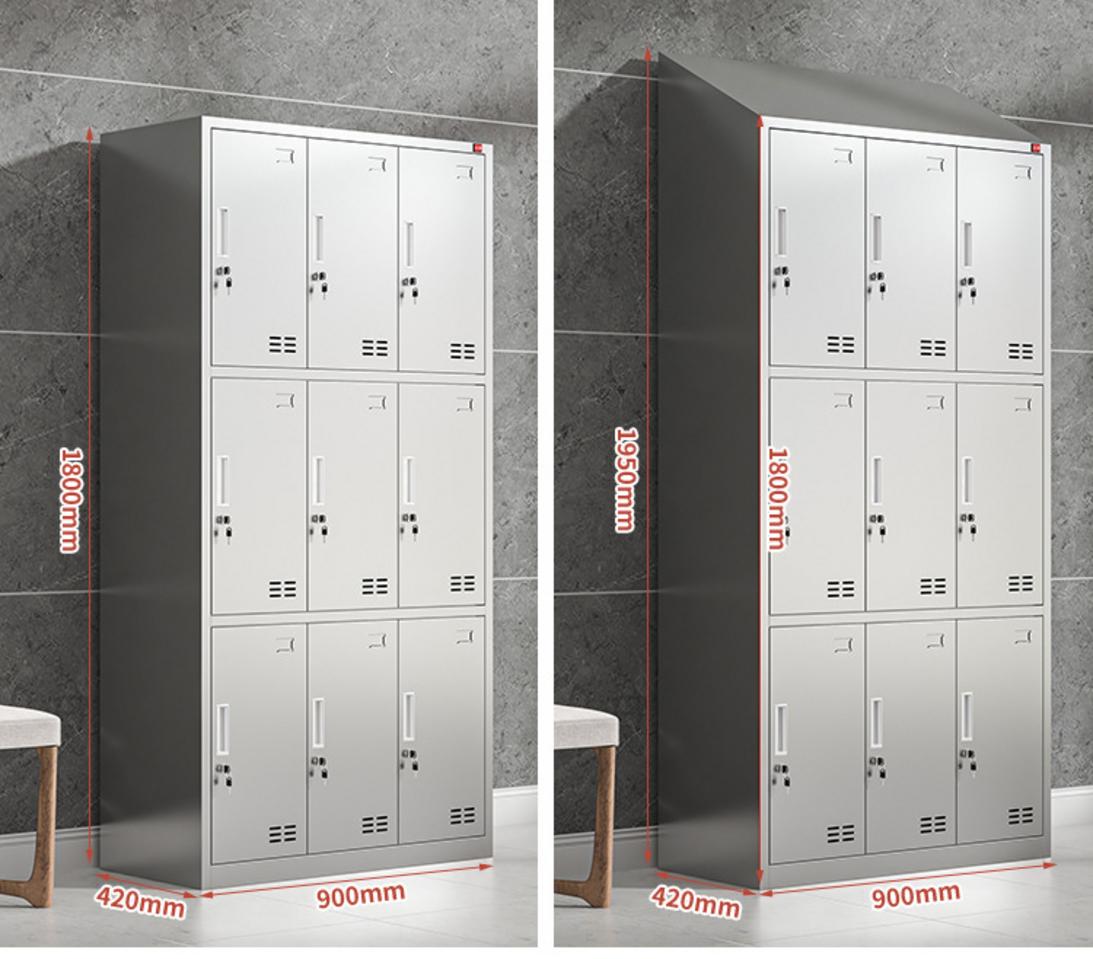 Chi tiết thiết kế tủ quần áo inox 9 cửa mái xéo thể hiện của khóa mái xéo và chân cao su