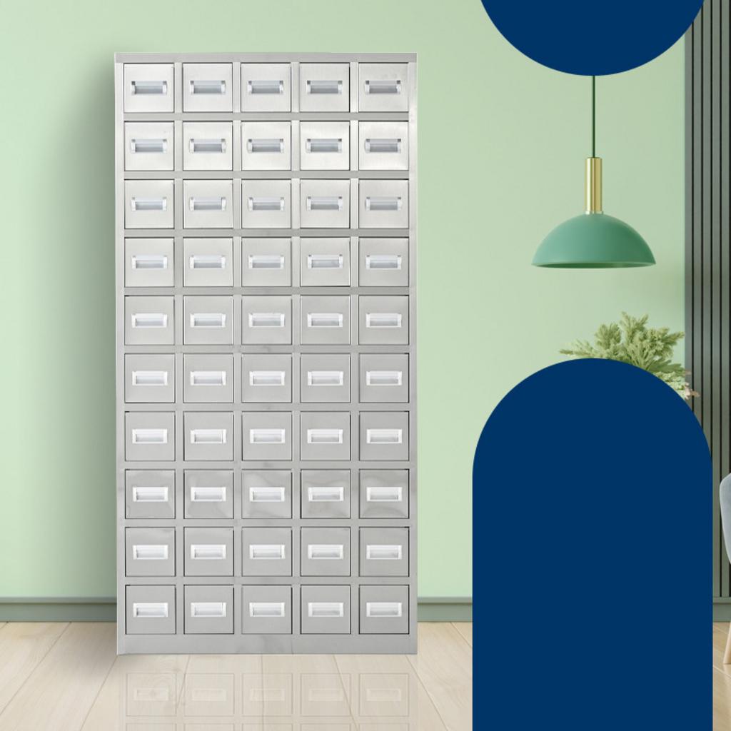 Chi tiết tủ thuốc inox với 50 ngăn hiển thị thông số kỹ thuật trên hình ảnh