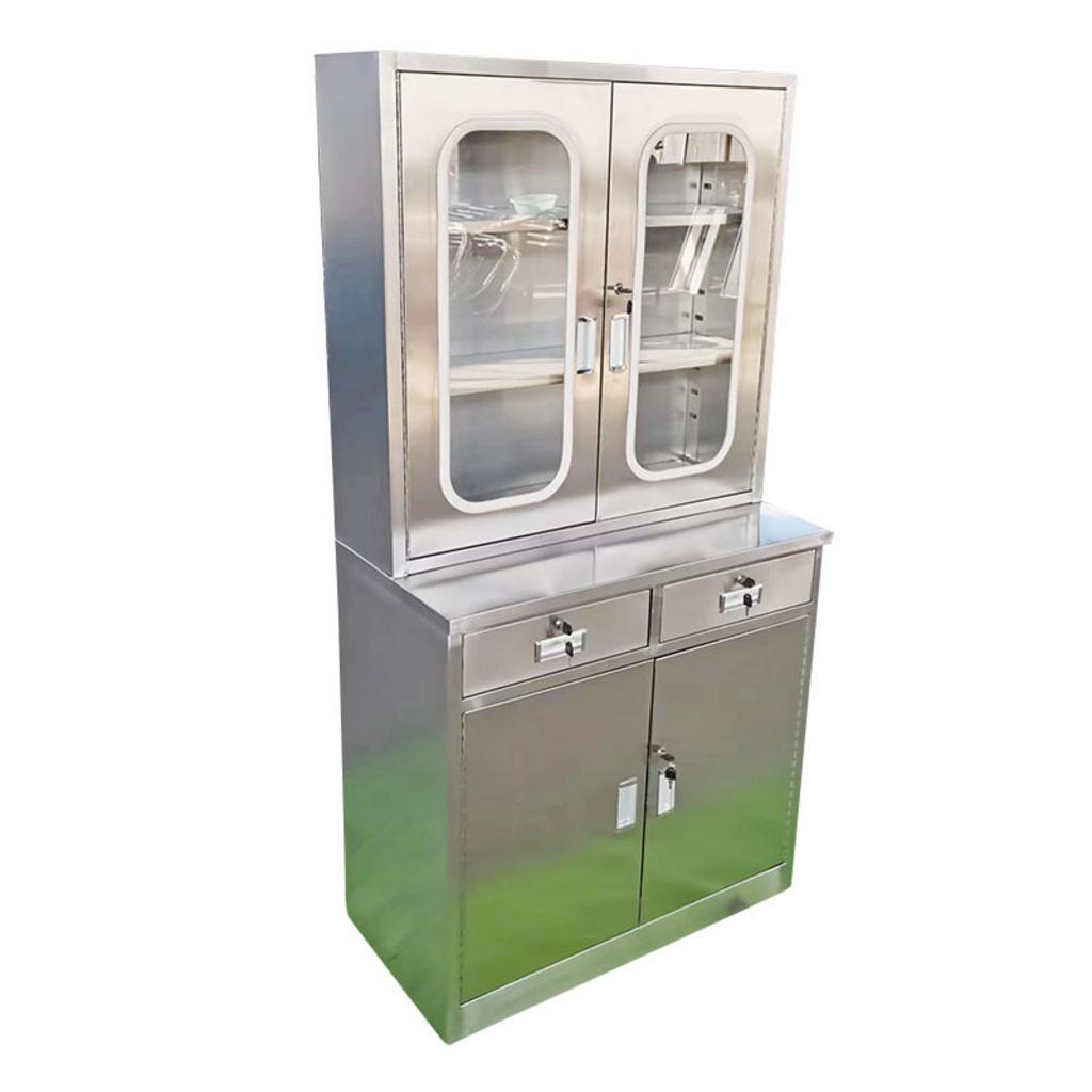 Góc chi tiết tủ thuốc inox 6 cửa có bàn thể hiện chất liệu inox và bánh xe