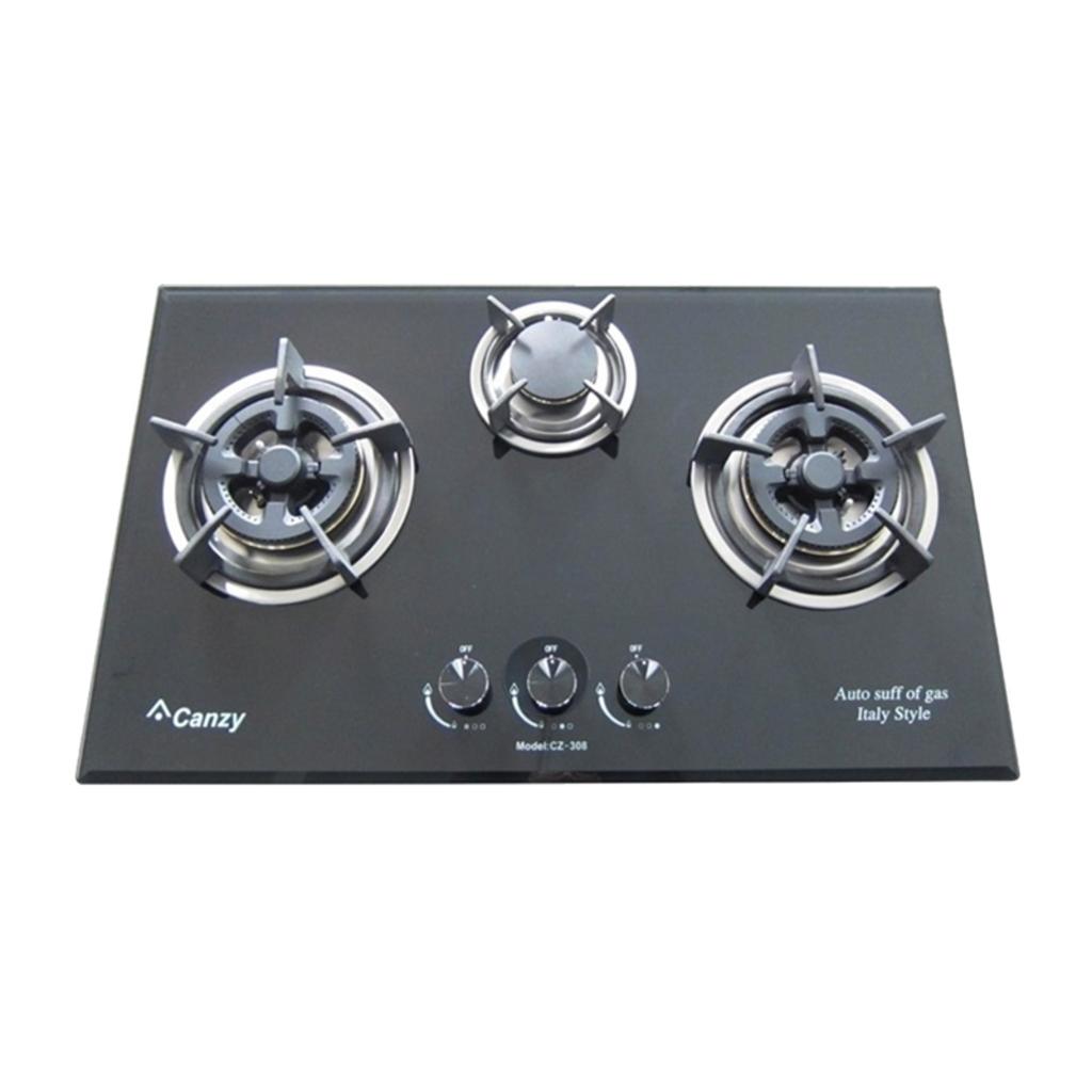 Bếp gas âm 3 lò Canzy CZ 308 với thiết kế hiện đại mặt kính sáng bóng ba vùng nấu