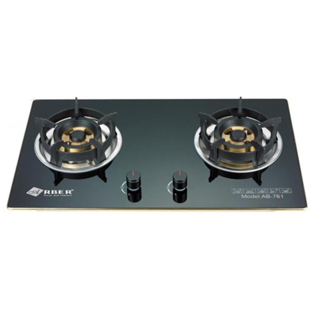 Bếp gas Âm Arber AB-761 với mặt kính đen viền vàng, 2 lò nấu, kiềng gang và bộ điều khiển hiện đại