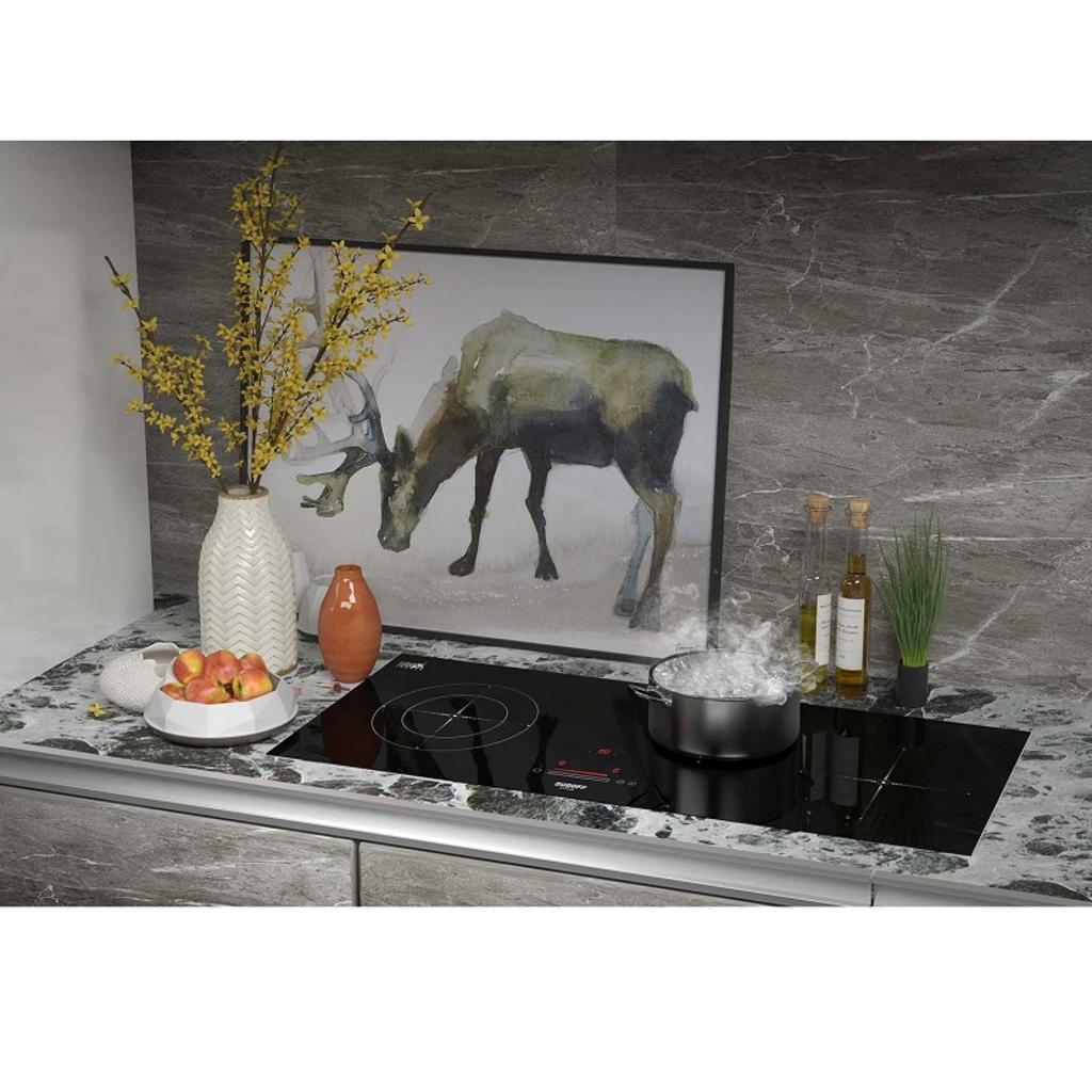 Bếp kết hợp Dudoff Mia F3B với thiết kế hiện đại mặt kính Eurokera màu đen bóng 3 vùng nấu rõ ràng bếp đang hoạt động với ánh sáng đỏ của vùng nấu điện