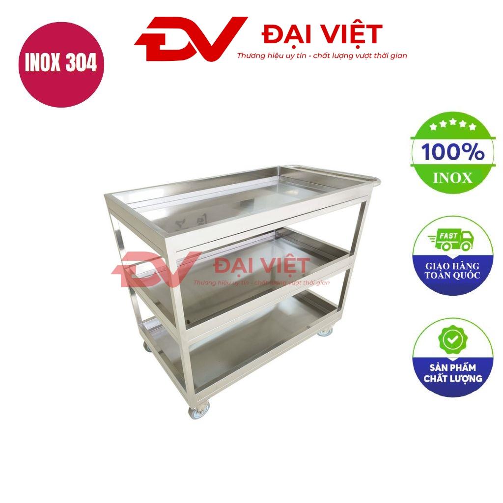 Hình ảnh chi tiết kỹ thuật xe đẩy inox 3 tầng với kích thước và phần khung inox nổi bật