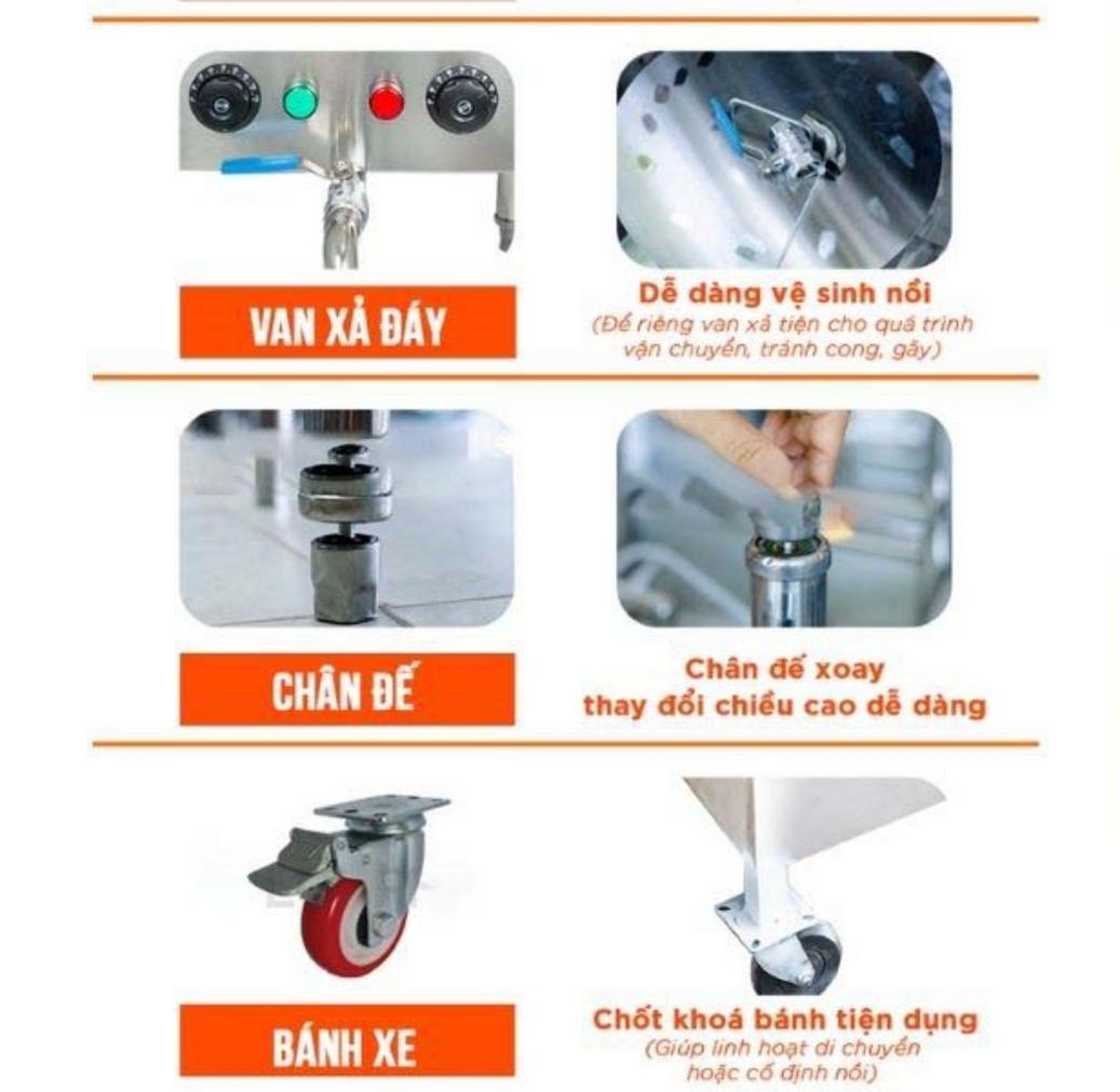Hình ảnh chi tiết nồi nấu phở 3 ngăn với phần tử điện rời hệ thống aptomat chống giật mới hàn và chất liệu inox sáng bóng