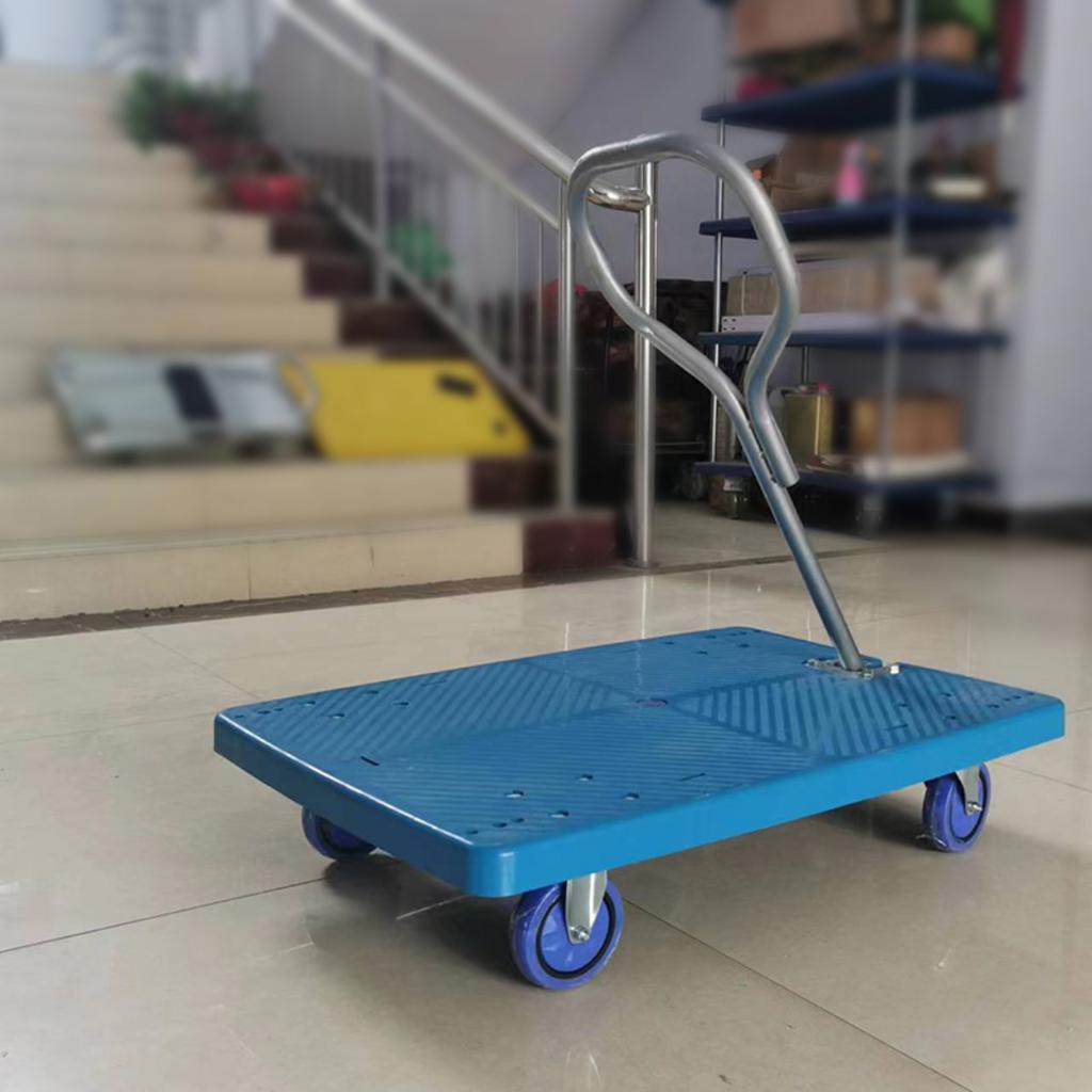 Hình ảnh chi tiết về các ưu điểm nổi bật như thiết kế gọn nhẹ bánh xe nhựa PU và tay cầm inox của xe đẩy hàng