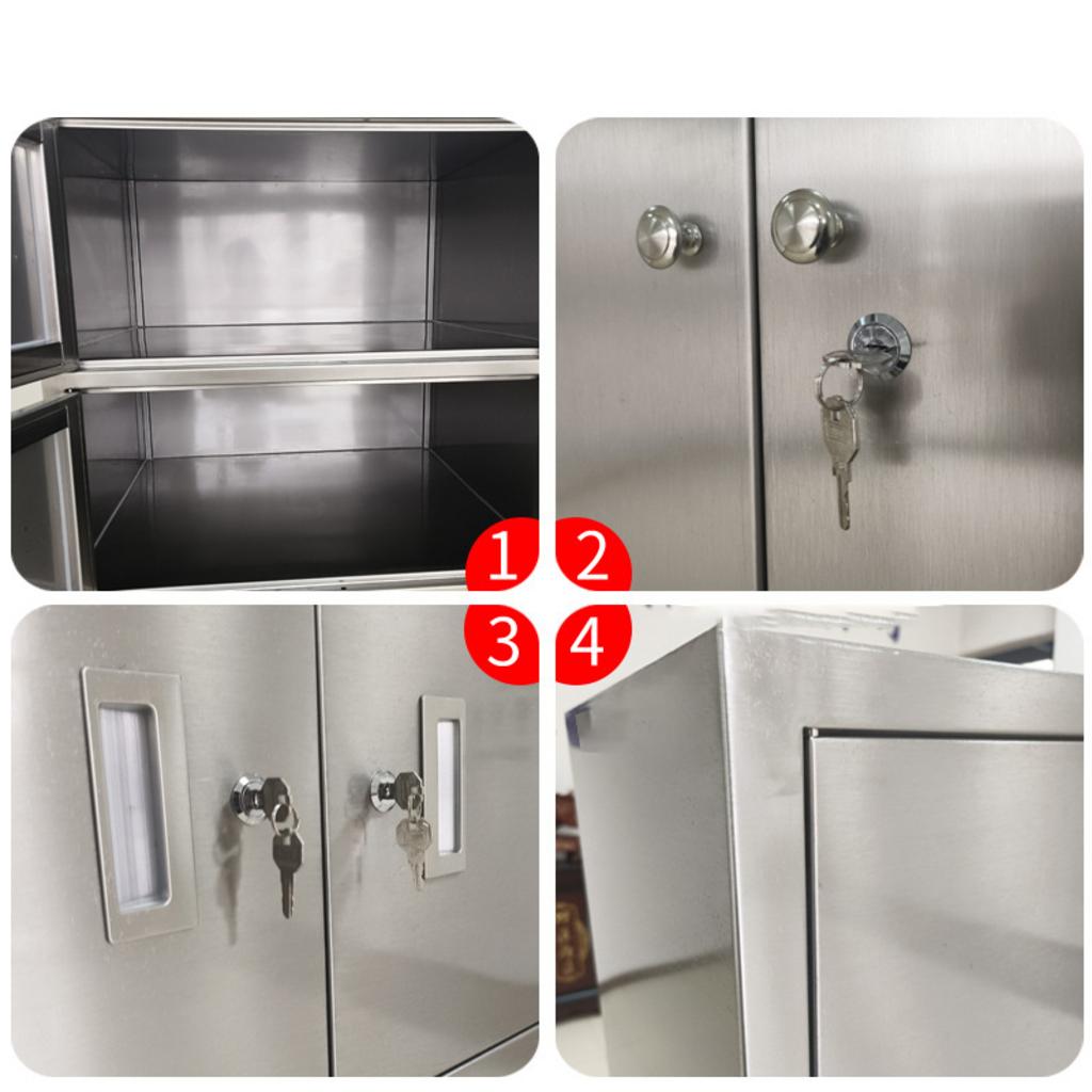 Hình ảnh mô tả tủ quần áo inox 4 cửa 850x300x1600mm gồm cấu trúc inox 304 các ổ khóa riêng biệt và chân cao su chống trượt