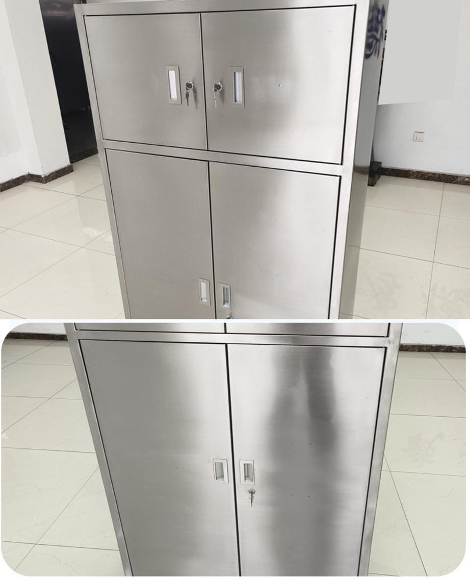Hình ảnh tủ inox 4 cửa với chú thích thể hiện các điểm nổi bật kỹ thuật và thiết kế