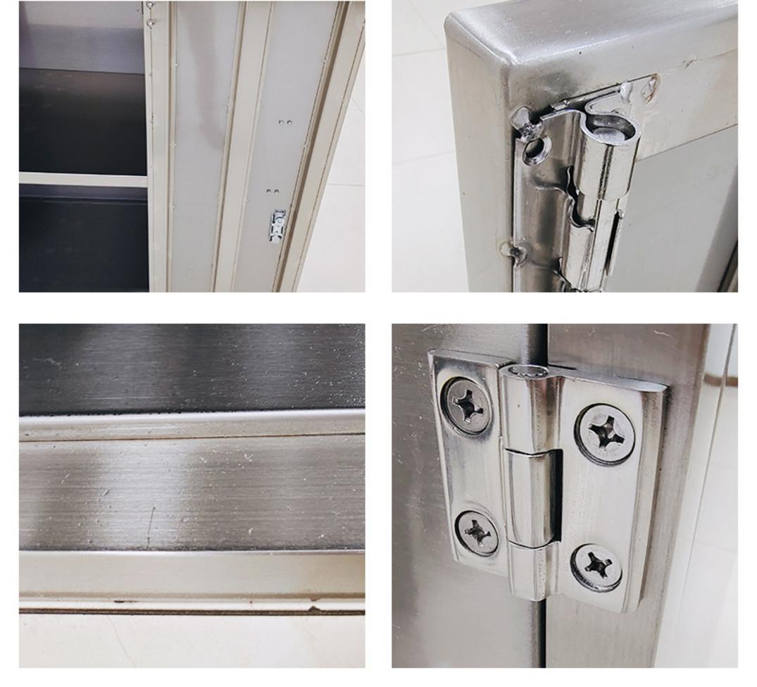 Hình ảnh từng ưu điểm của tủ thuốc inox inox dày, ngăn chia, bánh xe, góc bo tròn