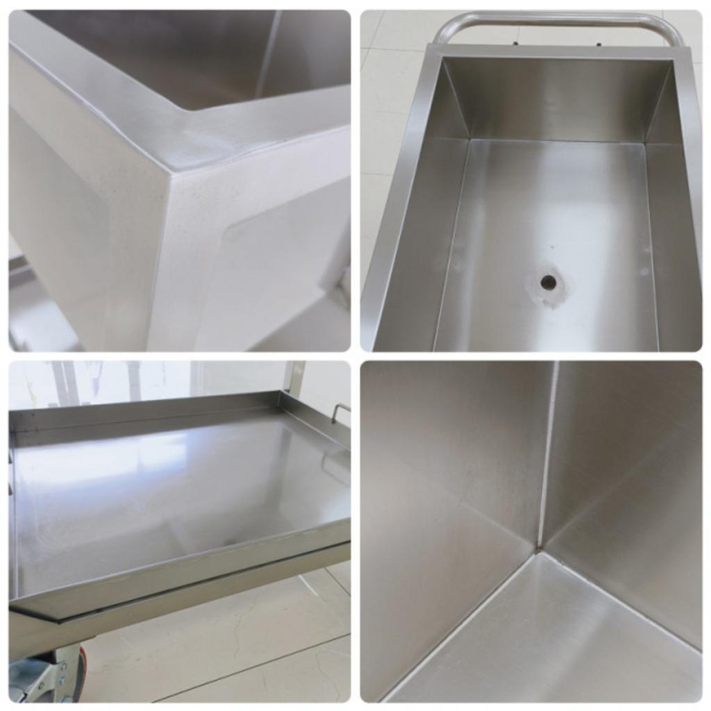 Hình ảnh xe đẩy inox 2 tầng nổi bật với chú thích các điểm khác biệt chất liệu và bánh xe