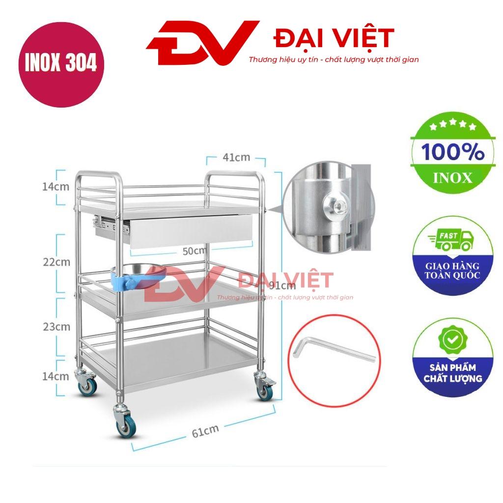 Tổng quan về xe đẩy inox y tế 3 tầng kèm ngăn kéo 610x410x910mm