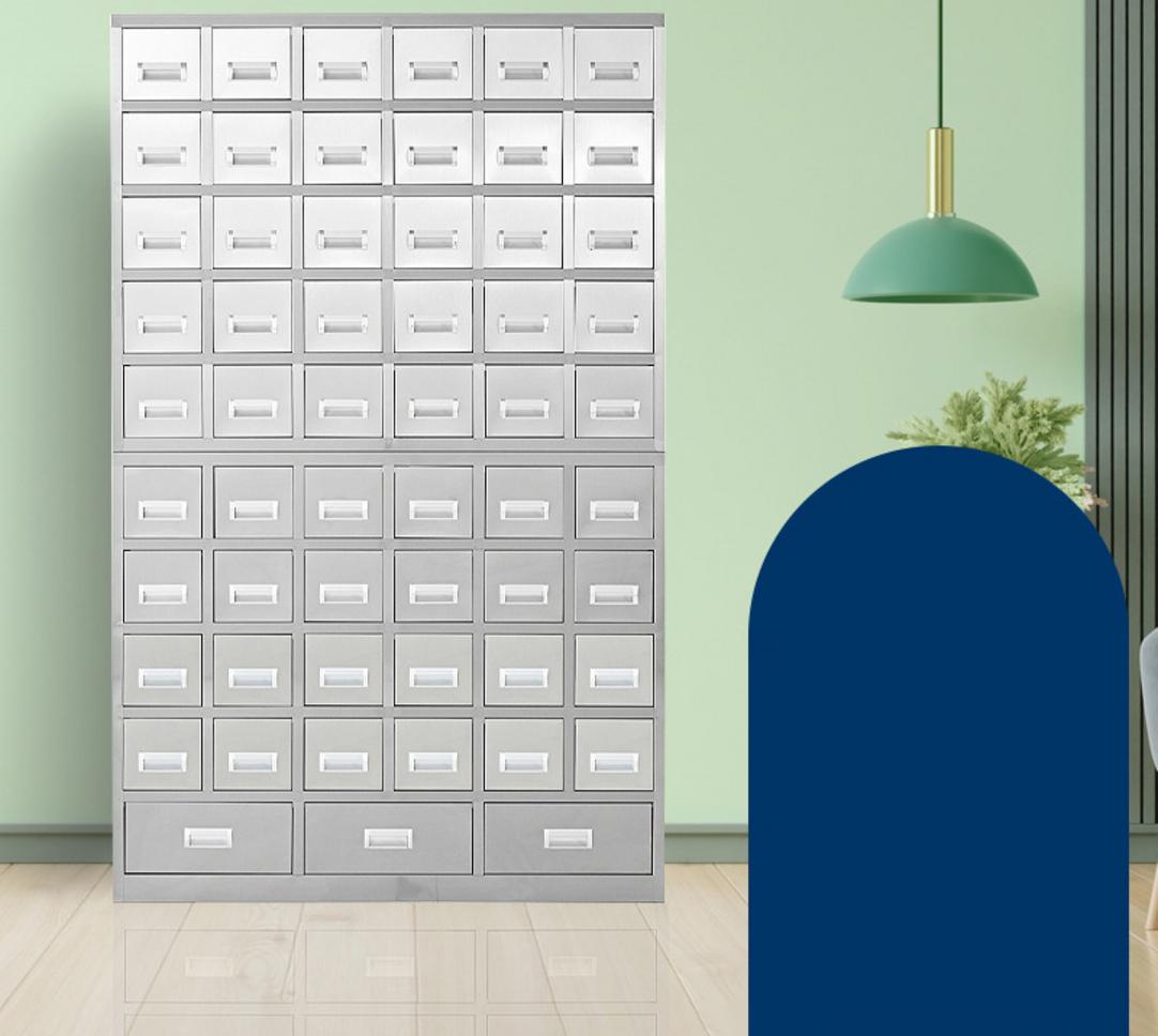 Minh họa chi tiết kích thước và cấu trúc tủ thuốc đông y inox 57 ngăn 3 cửa