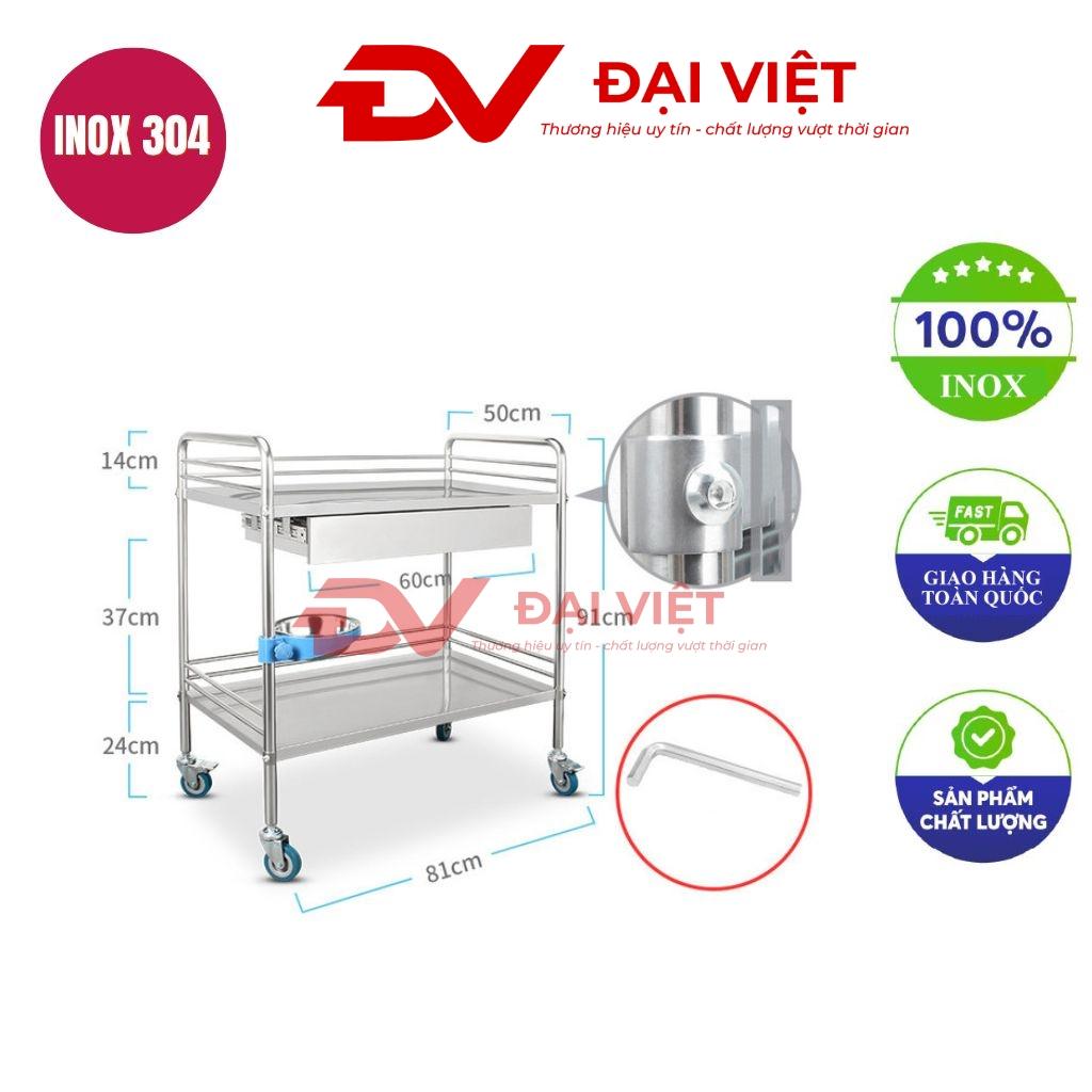 Tổng quan về xe đẩy inox y tế 2 tầng 810x500x910mm kèm ngăn kéo