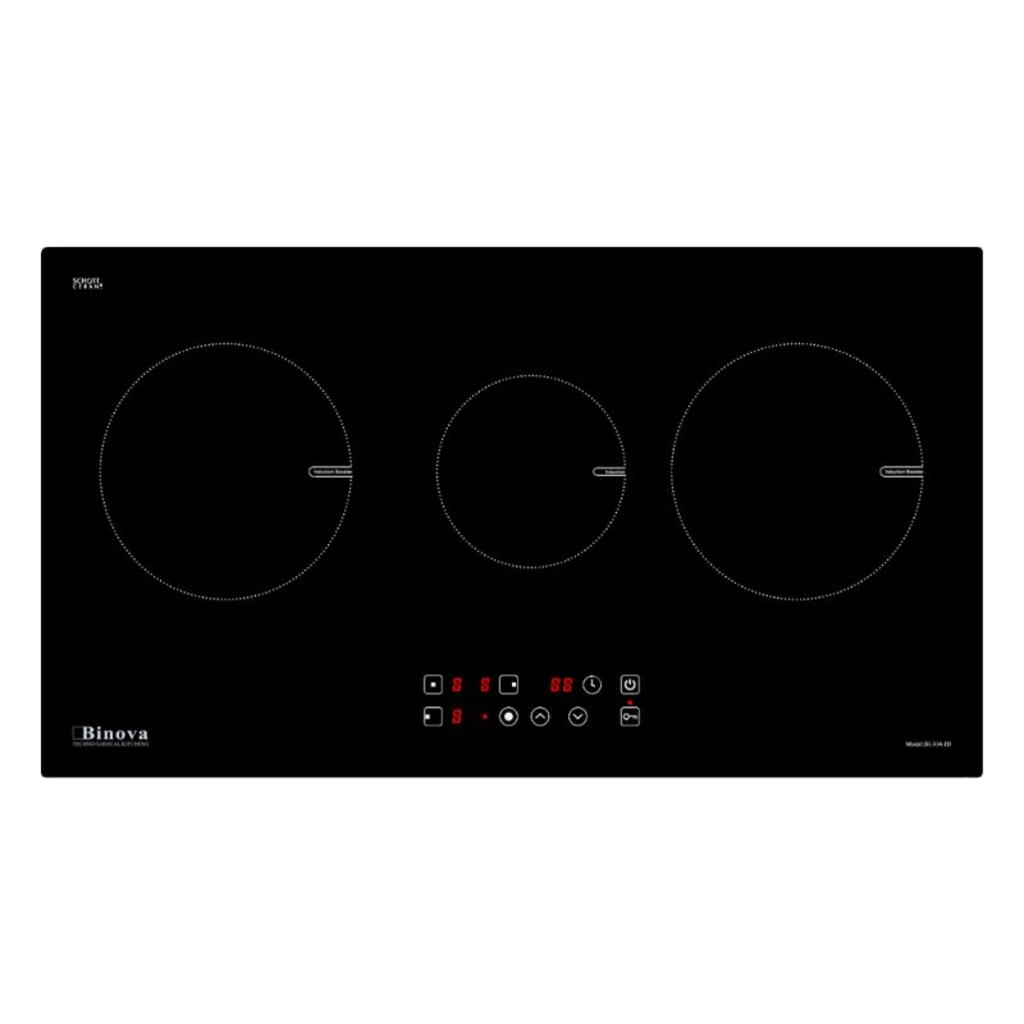 Modern built-in induction cooktop with three cooking zones, sleek black glass surface touch controls, kitchen setting with clean countertop
