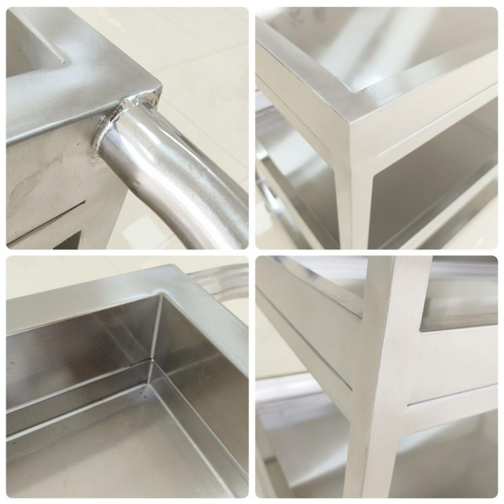 Mối hàn TIG inox 304 trên xe đẩy inox 3 tầng cùng bánh xe khóa