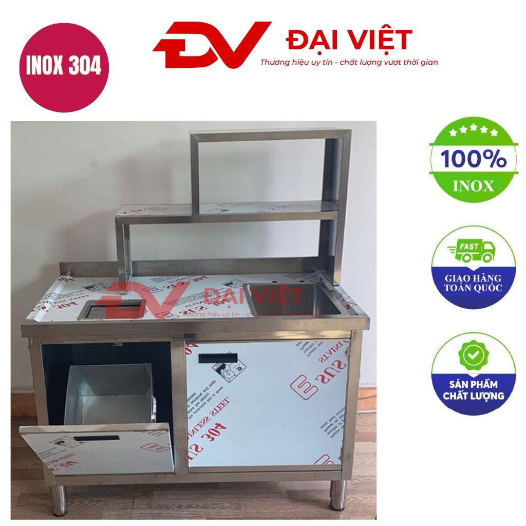 Quầy pha chế inox 1m2 có chậu rửa thiết kế hiện đại đặt trong quán cà phê nhỏ ánh sáng tự nhiên
