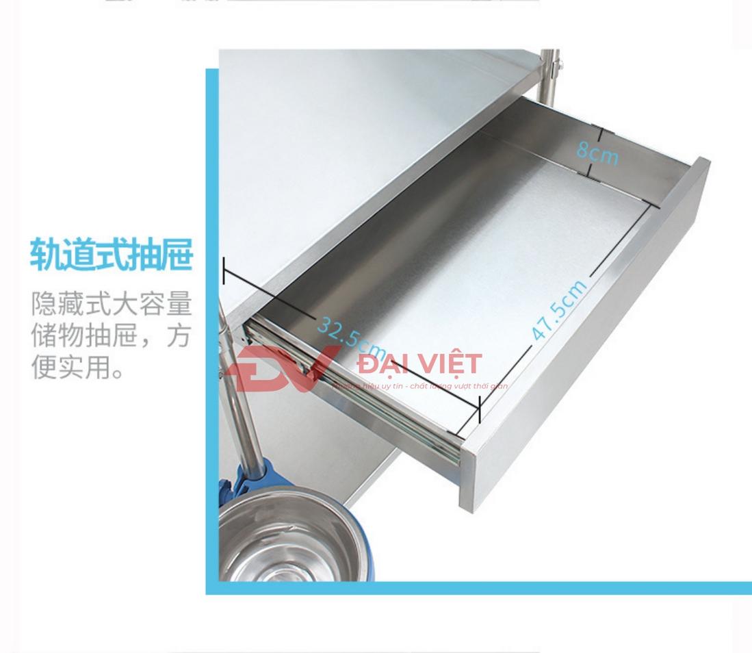Thông số kỹ thuật của xe đẩy inox y tế 2 tầng 810x500x910mm kèm ngăn kéo