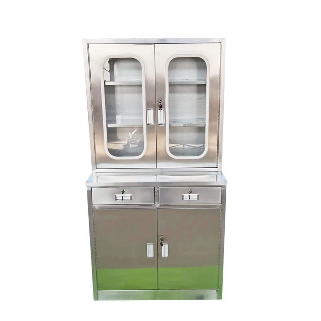 Thông số kỹ thuật chi tiết của tủ thuốc inox y tế 6 cửa có bàn với các kích thước và bộ phận rõ nét