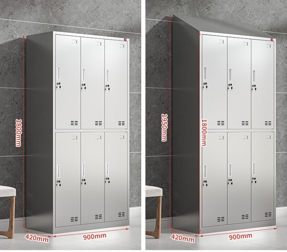 Tủ inox 6 cửa mái xéo với hình ảnh minh họa từng ưu điểm như mái xéo, khóa cửa, chân đế cao su