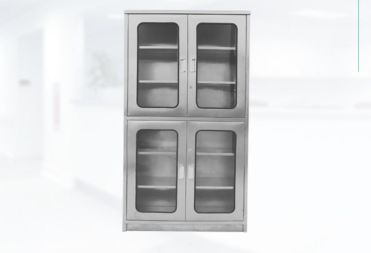 Tủ thuốc inox 4 cửa kính với điểm nhấn mối hàn inox và bánh xe khóa an toàn