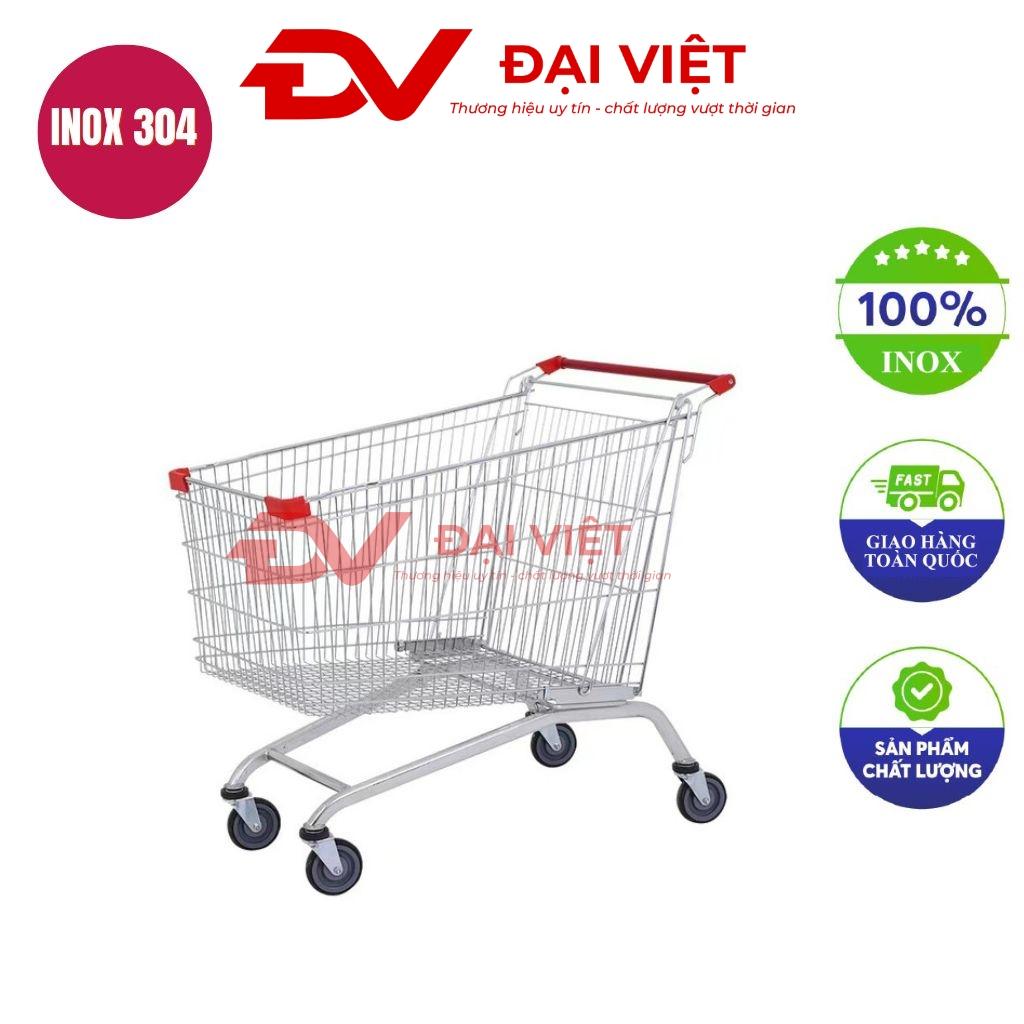 xe đẩy hàng siêu thị 60L đặt trong siêu thị hiển thị rõ kích thước và cấu tạo inox 304