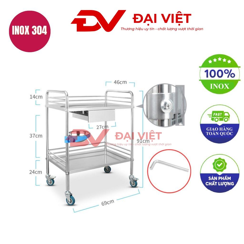 Tổng quan về xe đẩy inox y tế 2 tầng 690x460x910mm kèm ngăn kéo