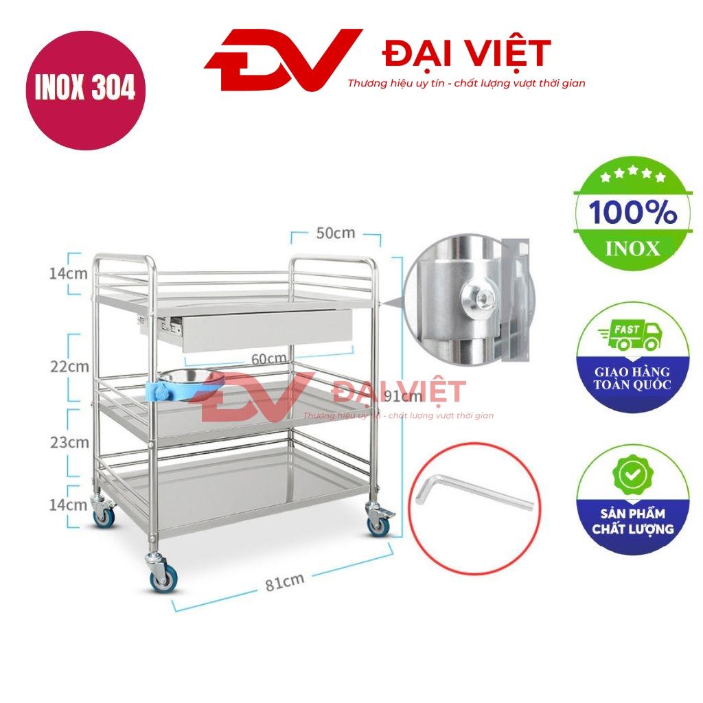 Tổng quan về xe đẩy inox y tế 3 tầng kèm ngăn kéo 810x500x910mm