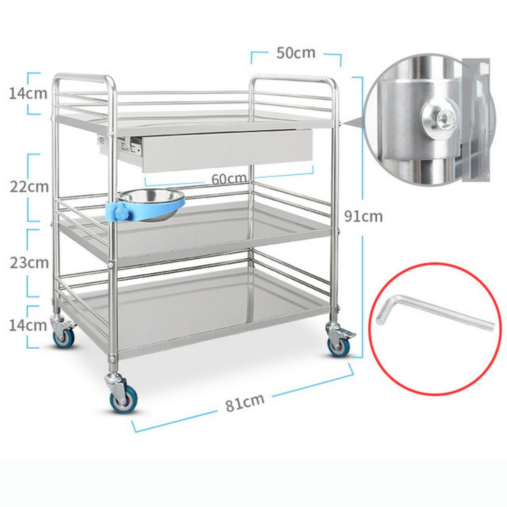 Ưu điểm nổi bật của xe đẩy inox y tế 3 tầng kèm ngăn kéo 810x500x910mm