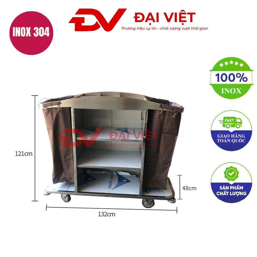 Xe đẩy làm phòng inox 304 tại khách sạn kích thước 1320x480x1210mm 3 ngăn rộng khay chia ô trên