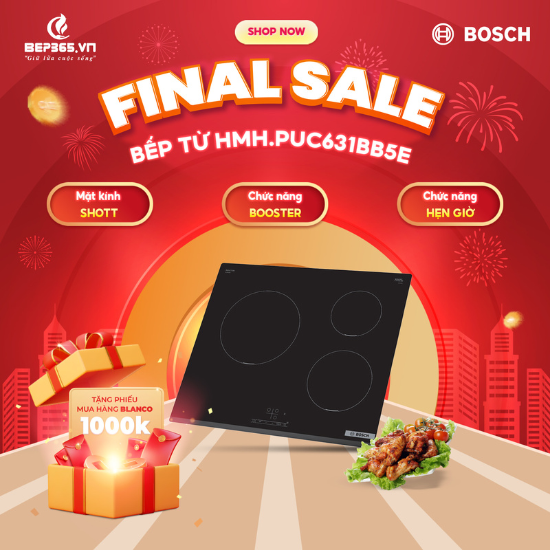 Bếp từ Bosch 3 vùng nấu PUC631BB5E Series 4 lắp âm