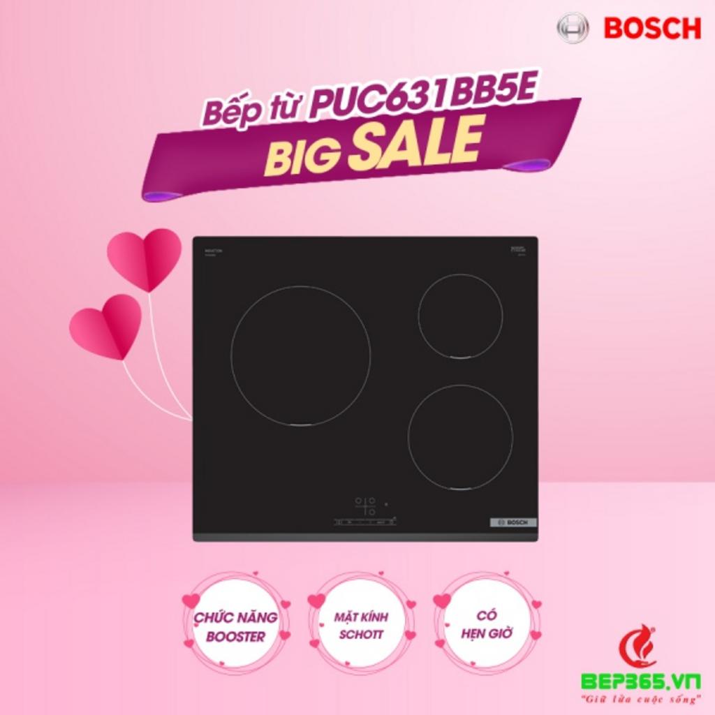 Bếp từ Bosch PUC631BB5E đang hoạt động với các chỉ số nhiệt và vùng nấu được làm nổi bật trên mặt kính