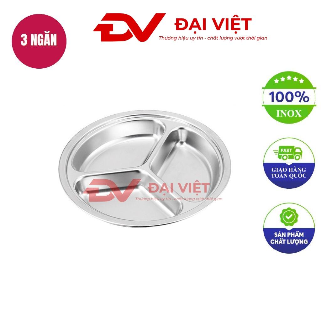 Khay inox tròn 3 ngăn kích thước 22x3.1cm với thiết kế hiện đại, độ dày inox dày dặn màu inox sáng bóng