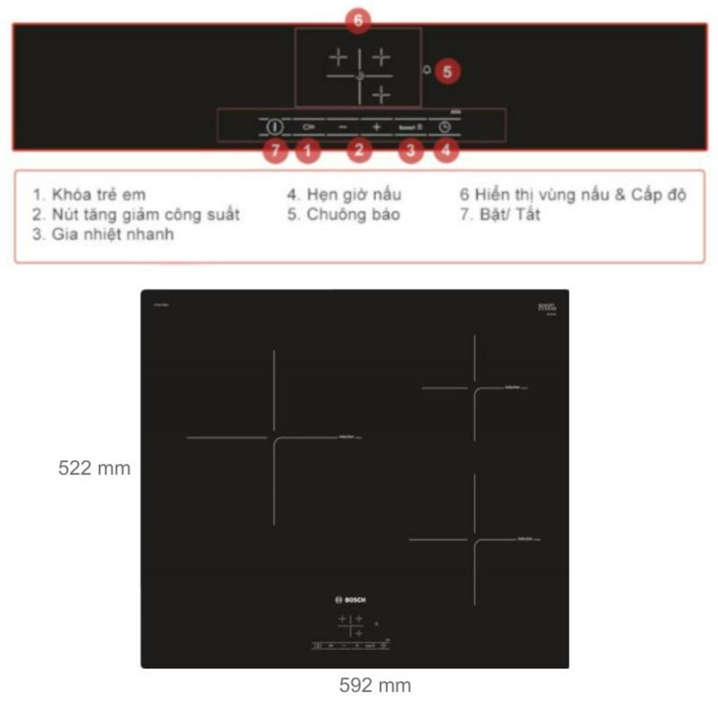 step-by-step guide images showing usage of bosch puc611bb1e induction cooktop including power on setting heat and timer features