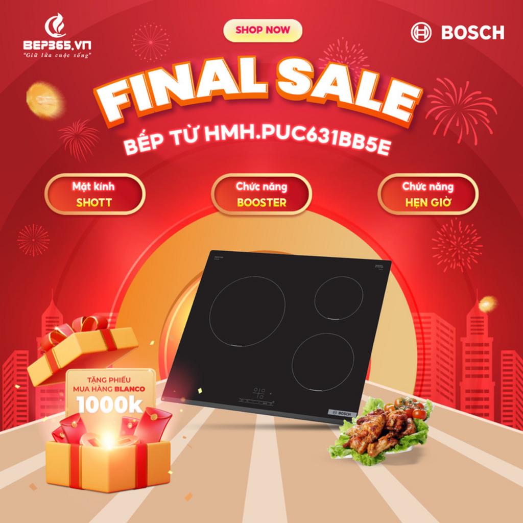 Thiết kế bếp từ Bosch PUC631BB5E với ba vùng nấu và bảng điều khiển cảm ứng sáng trọng trên nền bếp bếp lắp âm hiện đại