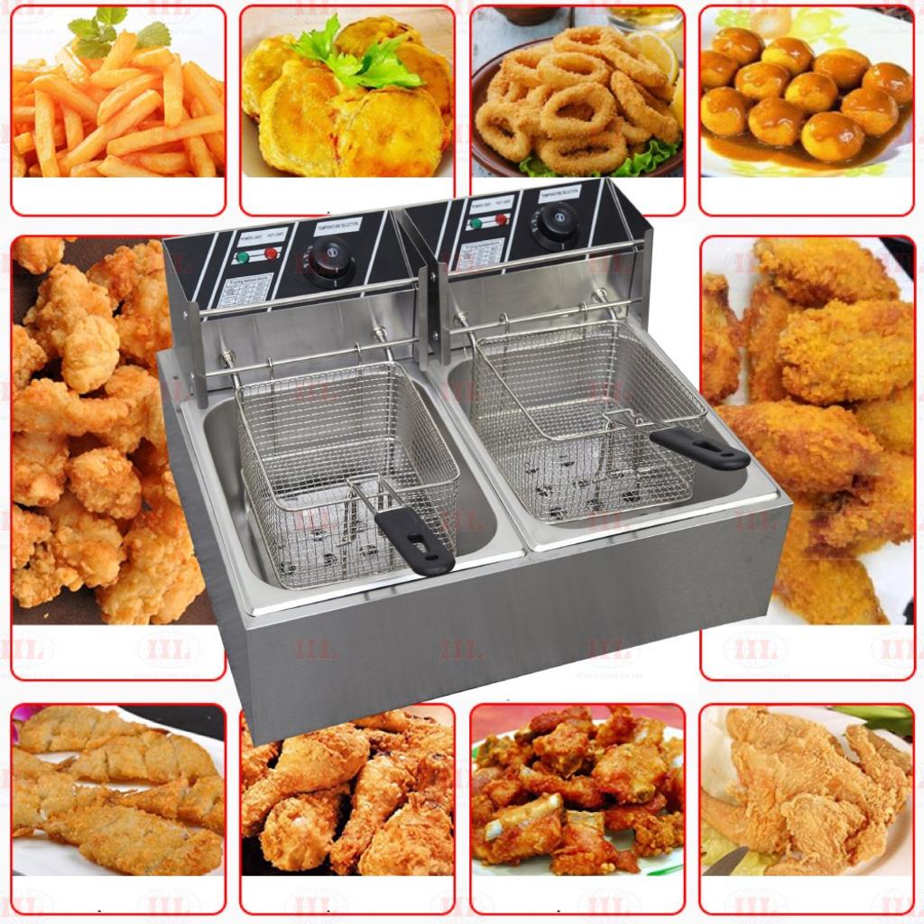 Bếp chiên nhúng với rổ và van xả dầu.