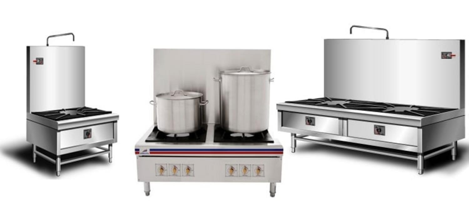 Bếp hầm công nghiệp Inox 304 với kiềng gang đúc và vòi cấp nước tích hợp cho nấu ninh số lượng lớn.